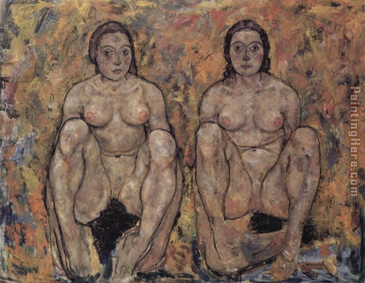 Squatting women's pair painting - Egon Schiele Squatting women's pair art painting